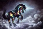  2020 black_body black_fur cloud cloven_hooves digital_media_(artwork) equid equine feral fur hi_res hooves horn kanizo mammal multicolored_body multicolored_fur unicorn 