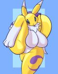 anthro big_breasts black_sclera blue_background blue_eyes breasts butt butt_from_the_front digimon digimon_(species) facial_markings featureless_breasts featureless_crotch female head_markings markings neck_tuft plaga renamon simple_background solo tuft white_body yellow_body 