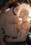  2boys abs bara beard black_hair black_pants blue_eyes buzz_cut cave chest_hair chest_tattoo couple doru_(u8rrf8ebzj16wrt) earrings eye_contact face-to-face facial_hair goatee golden_kamuy grey_hair hand_on_another&#039;s_waist hoop_earrings jewelry kiroranke looking_at_another male_focus multiple_boys muscle navel navel_hair nipples pants pectorals shiraishi_yoshitake shirtless short_hair sideburns tattoo tied_hair very_short_hair 