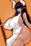  armlet big_breasts big_bulge biped black_eyes black_hair breasts bulge clothed clothing curvy_figure demon dress erection erection_under_clothing genital_outline genitals glistening glistening_body glistening_skin gynomorph hair half-erect hi_res holding_object holding_staff horn horned_humanoid huge_breasts huge_bulge humanoid humanoid_hands humanoid_pointy_ears intersex kanon_(148bpm) long_hair looking_at_viewer mammal monotone_hair nipple_outline not_furry orange_background penis penis_outline side_boob side_view simple_background slightly_chubby solo staff standing tan_body tan_skin tenting thick_thighs tight_clothing voluptuous white_clothing white_dress wide_hips 