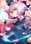  1girl amano_hagoromo aqua_vest ascot black_neckwear black_ribbon bob_cut breasts buttons cherry_blossoms closed_mouth collared_shirt eyebrows_behind_hair from_below hair_ribbon highres hitodama holding holding_sword holding_weapon konpaku_youmu konpaku_youmu_(ghost) long_sleeves looking_at_viewer ribbon shirt short_hair silver_hair small_breasts solo sword touhou upper_body v-shaped_eyebrows weapon white_shirt yellow_eyes 