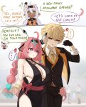  ... 1boy 2girls :o ? ?? aether_(genshin_impact) ahoge alternate_hairstyle anger_vein animal_ears animal_skull aqua_hair bare_shoulders black_dress black_gloves black_hairband black_jacket black_pants blonde_hair bow braid breasts cleavage collarbone commentary cow_ears cow_horns dark-skinned_female dark_skin dress english_commentary english_text genshin_impact gloves hair_between_eyes hairband hand_up highres horns iansan_(genshin_impact) jacket long_sleeves looking_at_another mockingeu multicolored_hair multiple_girls necktie open_mouth pants pink_hair plunging_neckline pointy_ears purple_eyes red_bow sideboob speech_bubble spoken_ellipsis streaked_hair suit_jacket twin_braids varesa_(genshin_impact) white_hair yellow_eyes yellow_necktie 