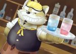  alcohol anthro bartender beverage canid canine canis domestic_dog eyebrows eyewear facial_hair fur glass goggles grin kay_46_nrb live-a-hero male mammal mustache necktie procy short_stack smile thick_eyebrows yellow_body yellow_fur 