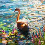  anatid anseriform anserinae avian bird feral flower leon_devenice lily_pad oil_painting_(artwork) painting_(artwork) plant solo swan traditional_media_(artwork) water 