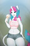  absurd_res anthro big_breasts bottomwear breasts clothing crop_top equid equine female food hand_on_hip hi_res horn hotpants ice_cream_cone licking licking_lips looking_at_viewer mammal okata shirt shorts solo tail_tuft text text_on_clothing text_on_topwear thick_thighs thigh_gap tongue tongue_out topwear tuft unicorn ych_result 