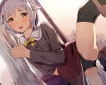  1boy 1girl bangs black_panties blush bowling brown_eyes commentary_request eyebrows_visible_through_hair highres idolmaster idolmaster_cinderella_girls koshimizu_sachiko leg_grab leg_up long_sleeves looking_at_viewer open_mouth panties purple_eyes purple_hair red_skirt school_uniform seneto short_hair skirt solo_focus thighs underwear yellow_neckwear 