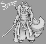  anthro armor beau_hollow canid canine canis character_name hi_res hollow male mammal melee_weapon monochrome solo solo_focus sword weapon wolf 