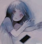  1girl bangs blue_hair highres kapura long_hair muted_color original parted_lips phone purple_eyes short_sleeves signature solo tears upper_body 