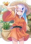  1girl :d absurdres arm_up bangs basket bird blue_hair blush breasts commentary_request cowboy_shot eyebrows_visible_through_hair grass hair_ornament hairclip highres japanese_clothes kimono lize_helesta long_hair medium_breasts multicolored_hair nijisanji open_mouth orange_kimono outdoors purple_eyes red_ribbon rgrey00 ribbon rice_planting short_sleeves smile solo tensui_no_sakuna-hime two-tone_hair virtual_youtuber wide_sleeves 