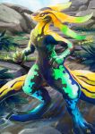  absurd_res ambiguous_gender amphibian anthro creek hi_res long_tail multicolored_body newt nude outside plive salamander_(amphibian) solo standing_in_water yellow_eyes 