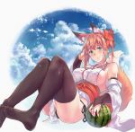  1girl animal_ear_fluff animal_ears bangs black_legwear black_panties breasts bridal_gauntlets brown_hair bubble cloud cloudy_sky commentary day detached_sleeves dress elbow_gloves english_commentary english_text eyebrows_visible_through_hair feet food fox_ears fox_girl fox_tail fruit gloves green_eyes hair_ribbon halterneck hand_in_hair japanese_clothes large_breasts leaning_back legs light_frown looking_at_viewer medium_hair no_shoes original outdoors outside_border panties parted_lips red_ribbon ribbon sawaya_(mizukazu) short_ponytail side-tie_panties sidelocks sitting sky socks solo tail thighhighs underwear watermelon white_dress white_sleeves 