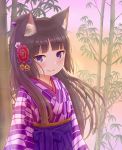  1girl absurdres animal_ear_fluff animal_ears bamboo bangs bell black_hair blue_eyes blush cat_ears closed_mouth commentary_request eyebrows_visible_through_hair flower hair_flower hair_ornament hakama highres iroha_(iroha_matsurika) japanese_clothes jingle_bell kimono long_hair looking_at_viewer original outdoors purple_hakama red_flower smile solo upper_body white_flower yagasuri 