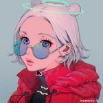  1girl aburage_(motimotigg20) coat double_bun grey_background halo highres looking_at_viewer multiple_halos original parted_lips portrait purple_eyes red_coat short_hair signature simple_background solo tinted_eyewear white_hair 