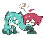  2girls ahoge baguette black_shirt black_sleeves black_thighhighs blue_eyes blue_hair blue_necktie blush bread chibi chibi_only closed_eyes collared_shirt detached_sleeves drill_hair eating eating_hair food full_body hair_between_eyes hashtag-only_commentary hatsune_miku highres image_in_thought_bubble kasane_teto kneeling multiple_girls necktie open_mouth pleated_skirt red_tattoo shirt shoulder_tattoo simple_background sitting skirt sleeves_past_wrists speech_bubble spoken_food takawoyu tattoo thighhighs thought_bubble twin_drills twintails utau vocaloid white_background white_shirt wing_collar 