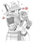  1boy 1girl adelbert_steiner armor beatrix_(ff9) belt blush closed_eyes couple curly_hair dede_(qwea_00000) eyepatch final_fantasy final_fantasy_ix flower gloves holding hug korean_commentary long_hair loose_belt rose sparkle sword weapon 