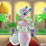 1:1 accessory alolan_form alolan_vulpix anthro aurora_ledekova backlighting blue_eyes blush blush_lines bottomwear bow_accessory bow_ribbon bracelet breasts canid canine carpet chain chest_wraps clothing collar embarrassed eyelashes fan_character female fox fur generation_7_pokemon genitals gold_(metal) gold_chain gold_collar gold_leash hair hair_accessory hair_bow hair_ribbon hand_behind_back harem harem_clothing harem_girl harem_jewelry harem_outfit harem_veil head_tuft hi_res ineffective_clothing inside jewelry leash leashed_collar light lighting loincloth mammal metal_collar middle_eastern_architecture multi_tail ninjatreecko nintendo nipples palace palm_tree pillar pink_clothing plant plant_pot pokemon pokemon_(species) pokemorph potted_plant pussy regional_form_(pokemon) ribbons ring shy solo standing submissive submissive_anthro submissive_female tail translucent translucent_clothing tree true_fox tuft veil white_body white_fur wraps