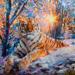  1:1 ambiguous_gender felid feral fur leon_devenice mammal oil_painting_(artwork) orange_body orange_fur painting_(artwork) pantherine snow solo sun tiger traditional_media_(artwork) tree 
