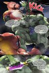  2:3 ambiguous_gender anthro bodily_fluids breath bulge charmeleon clothing comic dialogue duo english_text foot_on_chest hi_res jockstrap kick kuroma latex_armwear latex_stockings low-angle_view male mouth_closed muscular muscular_male nintendo pinned pinned_to_floor pok&eacute;mon pok&eacute;mon_(species) speech_bubble sweat text tyranitar underfoot underwear veiny_muscles video_games 