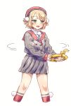  1girl beret blonde_hair blush exercising fuwa_uneuchi green_eyes hair_ornament hat highres indie_virtual_youtuber jitome looking_to_the_side open_mouth pom_pom_(clothes) pom_pom_hair_ornament red_sailor_collar ring-con ring_fit_adventure sailor_collar shigure_ui_(vtuber) shirt short_hair simple_background skirt solo white_background 