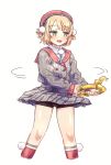  1girl beret bike_shorts_under_skirt blonde_hair blush exercising fuwa_uneuchi green_eyes hair_ornament hat highres indie_virtual_youtuber jitome looking_to_the_side open_mouth pom_pom_(clothes) pom_pom_hair_ornament red_sailor_collar ring-con ring_fit_adventure sailor_collar shigure_ui_(vtuber) shirt short_hair simple_background skirt solo white_background wind wind_lift 