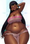  1girl black_hair bracelet breasts brown_eyes chel_(the_road_to_el_dorado) coffeeslice dark-skinned_female dark_skin earrings fat highres jewelry large_breasts long_hair navel pink_tube_top solo strapless the_road_to_el_dorado tube_top two-tone_tube_top white_loincloth white_tube_top 