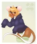  anthro baggy_clothing blonde_hair brown_body brown_fur clothing cyn. female fur hair hoodie leggings legwear looking_at_viewer mammal mouse murid murine open_mouth panties pontik_(dannfirefeet) rodent smile solo thigh_highs topwear underwear whiskers 