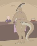  4:5 absurd_res anthro apron apron_only bakery behind_the_counter clothing dinosaur english_text faceless_human female hadrosaurid hi_res human inside larger_female male mammal mostly_nude ornithischian parasaurolophus rear_view reptile scalie size_difference smaller_male speech_bubble text upai 