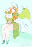  absurd_res animal_humanoid behniis big_breasts blush breasts cleavage clothed clothing dragon dragon_humanoid female footwear hair hi_res high_heels humanoid orange_hair shoes sitting solo translucent translucent_clothing 