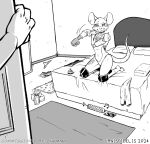 2024 ambiguous_gender anthro bed biped black_and_white canisfidelis cellphone cheek_tuft claws closed_smile clothed clothing duo electronics eyebrows facial_tuft female furniture hi_res inside kneeling leotard looking_at_another mammal monochrome mouth_closed murid murine musical_note musical_symbol notched_ear on_bed phone rat robotic_arm rodent smile symbol tissue tissue_box toe_claws tuft wrestling_outfit
