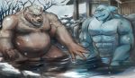 2020 abs anthro belly detailed_background duo fish flirting goro_(live-a-hero) hi_res hot_spring indio_view isaribi live-a-hero male male/male mammal marine musclegut muscular muscular_male pecs scar shark snow tor@ ursid water 