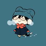  1boy :&gt; akio_(89e) black_hair blue_background blue_coat blue_hat blush bow breath chibi closed_mouth coat earmuffs edogawa_conan full_body hair_between_eyes hat hat_covering_animal_ear knit_hat male_focus meitantei_conan mittens red_bow red_mittens red_scarf scarf simple_background smile solo tail winter_clothes 