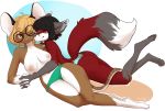  anthro black_hair blonde_hair breasts butt canid canine clothed clothing dipstick_tail duo eyewear female female/female firetally fluffy fluffy_tail fox fur glasses hair hand_holding intimate mammal mouse multicolored_tail murid murine nipples one_eye_closed panties pontik_(dannfirefeet) red_body red_fur rodent romantic romantic_couple short_hair smile topless underwear 
