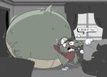 2022 alligator alligatorid anthro baseball_cap bed belly belly_expansion big_belly bloated blush bodily_fluids burping clothing crocodilian dialogue digital_media_(artwork) expansion faceless_anthro faceless_character faceless_male flying_sweatdrops furniture green_body hat headgear headwear hiccuping huge_belly hyper hyper_belly immobile inside kerchief later_alligator male neckerchief neckwear open_mouth pat_(later_alligator) pawplants pillowfight protagonist_(later_alligator) red_kerchief red_neckerchief reptile scalie smallbu soap soap_bar soap_bubbles solo_focus speech_bubble stuffing sweat sweatdrop tail tears teeth toony window