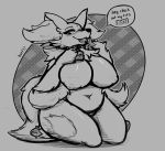  2020 anthro areola big_breasts breasts clothed clothing delphox dialogue english_text female fluffy fluffy_tail greyscale hand_on_breast head_tuft hetfli hi_res huge_breasts inner_ear_fluff kneeling monochrome neck_tuft nintendo nipples pattern_background pok&eacute;mon pok&eacute;mon_(species) pok&eacute;morph profanity signature simple_background sketch slightly_chubby solo speech_bubble talking_to_viewer text thick_thighs topless tuft video_games 