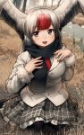  1girl :d absurdres bangs black_eyes black_hair black_legwear black_scarf commentary eyebrows_visible_through_hair frilled_skirt frills fur-trimmed_sleeves fur_trim gradient_hair grey_skirt hands_on_own_chest head_wings highres jacket kemono_friends long_hair long_sleeves looking_at_viewer multicolored_hair necktie on_ground open_mouth outdoors pantyhose plaid plaid_skirt pleated_skirt red-crowned_crane_(kemono_friends) red_hair red_neckwear scarf sitting skirt smile solo spread_wings welt_(kinsei_koutenkyoku) white_hair white_jacket 