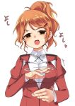  1girl aquila_(kantai_collection) brown_eyes collared_shirt commentary_request gesture hair_ornament hairclip high_ponytail highres jacket kantai_collection long_hair nassukun open_mouth orange_hair red_jacket shirt simple_background smile solo upper_body wavy_hair white_background white_shirt 