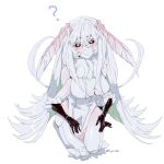  1girl ? absurdres artist_name black_sclera blush breasts closed_mouth egocider extra_arms eyebrows_visible_through_hair green_eyes highres insect_girl large_breasts long_hair looking_at_viewer monster_girl moth_girl original seiza sitting smile solo twitter_username underboob very_long_hair white_hair white_skin 