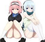  2girls ass bangs black_footwear blue_hair breasts garter_straps hairband headphones komatsu_(sakanae) large_breasts multiple_girls pink_hair saotome_mutsumi saotome_yakumo short_hair simple_background sitting small_breasts thighhighs val_x_love white_background 