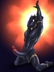  3:4 absurd_res anthro anubian_jackal anubis balls big_penis canid canine canis circumcised claws crouching deity ear_piercing egyptian egyptian_mythology erection fenrir_osbone genitals glistening glistening_body gold_markings hi_res humanoid_genitalia humanoid_penis jackal male mammal markings middle_eastern_mythology multicolored_penis muscular muscular_anthro muscular_male mythology nipples nude penis piercing presenting solo two_tone_penis 