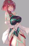  1girl arms_under_breasts bangs bare_shoulders blush breasts dress_shirt earrings grey_background hinot jewelry large_breasts looking_at_viewer off_shoulder one-piece_swimsuit open_clothes open_mouth open_shirt pyra_(xenoblade) red_eyes red_hair shirt short_hair swept_bangs swimsuit thighs tiara white_shirt xenoblade_chronicles_(series) xenoblade_chronicles_2 