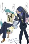  3girls ahoge black_gloves black_hair black_jacket black_necktie black_pants blue_shirt blush_stickers box brown_shoes closed_eyes closed_mouth collared_shirt commentary crossed_legs geeta_(pokemon) geetasdog gift gift_box gloves green_hair highres jacket long_hair long_sleeves looking_up multiple_girls neck_ribbon necktie paldean_wooper pants pantyhose pokemon pokemon_(creature) pokemon_sv ponytail poppy_(pokemon) ribbon rika_(pokemon) shirt shoes sitting smile speech_bubble suspenders translation_request yellow_pantyhose yellow_ribbon 