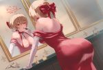  1girl ass blonde_hair bon_mushi breasts commission dress elbow_gloves evening_gown gloves granblue_fantasy hair_bun lipstick makeup medium_breasts mirror official_alternate_costume red_eyes reflection skeb_commission solo vira_lilie 