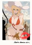  1girl absurdres academy_cowboy_ga_doeda arm_behind_head belt blonde_hair blue_eyes breasts brown_belt brown_gloves choker cleavage cowboy_hat gloves hand_on_own_thigh hat highres jin_rou large_breasts lipstick_mark long_hair looking_at_viewer official_art polaroid short_shorts shorts sky solo thigh_strap western white_headwear white_shorts 