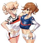  2girls asymmetrical_docking black_eyes blonde_hair blue_shirt breast_press breasts brown_hair cowboy_shot crop_top fifa finger_in_mouth france germany glasses grey_eyes hair_bun hand_on_hip large_breasts long_sleeves maddoxfanx midriff multiple_girls open_mouth print_shirt print_shorts profile shirt short_over_long_sleeves short_sleeves shorts simple_background soccer_uniform sportswear striped striped_shirt sweatdrop white_background white_shirt white_shorts 