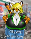  anthro big_breasts blonde_hair bottomwear breasts cleavage clothed clothing denim denim_clothing dialogue english_text felid female green_eyes hair hi_res huge_breasts jeans looking_at_viewer mammal orange_body pantherine pants shirt smile solo store striped_body stripes tabykat tabytha_starling text tiger topwear 