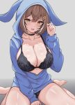  1girl animal_ear_hood black_bra black_choker black_panties blue_hoodie bra breasts brown_eyes brown_hair choker cleavage collarbone commentary_request gradient_background grey_background hair_between_eyes hair_ornament highres hololive hololive_english hood hoodie large_breasts letter_hair_ornament long_sleeves looking_at_viewer medium_hair nanashi_mumei open_mouth panties r_(letter) simple_background sitting thighs underwear unzipped wariza zeropen 