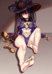  1girl :o absurdres aqua_eyes bangs bare_legs barefoot blue_leotard blush breasts cameltoe cape choker feet footwear_removed genshin_impact gloves gold_footwear hair_between_eyes hair_ornament hat hat_ornament high_heels highres jewelry knee_up legs leotard long_hair looking_at_viewer lumu_yuanxiang medium_breasts mona_(genshin_impact) navel purple_cape purple_hair sitting soles solo thighs toenails toes twintails witch_hat 