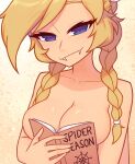  1girl blonde_hair blue_eyes boobs_in_book_(meme) book breasts closed_mouth collarbone commentary english_commentary english_text extra_arms fangs highres holding holding_book long_hair looking_at_viewer meme nelly_(xyronii) nude original smile solo upper_body xyronii yellow_background 