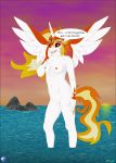  anthro breasts daybreaker_(mlp) dialogue equid ethereal_hair fab3716 feathered_wings feathers female fire flaming_hair french_text friendship_is_magic fur genitals hasbro hi_res horn mammal my_little_pony navel nipples nude partially_submerged pseudo_hair pussy solo spread_wings text translated unicorn_horn water white_body white_fur winged_unicorn wings 