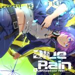  1boy album_cover aosame_rain asaya-bigun belt blue_eyes caution_tape cover denim headphones headphones_around_neck hood hood_up hoodie navel purple_hair song_name sound_voltex umbrella yellow_umbrella 